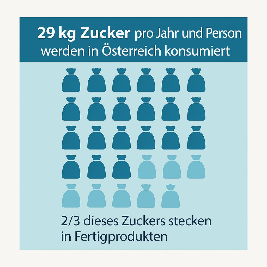 Infografik zeigt: 29 kg Zucker pro Person und Jahr in Österreich, davon rund 2/3 als versteckter Zucker in Fertigprodukten wie Ketchup oder Müslis.